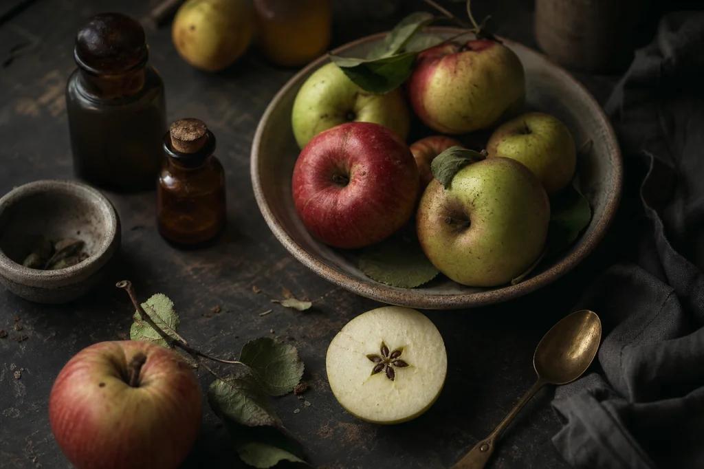 A bowl of red and green apples, with one apple halved crosswise to show its seed star