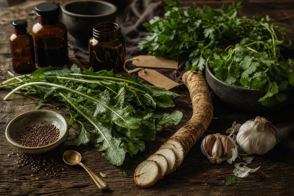 Dandelion greens, a sliced burdock root, garlic, cilantro and a small bowl of flaxseed on dark wood
