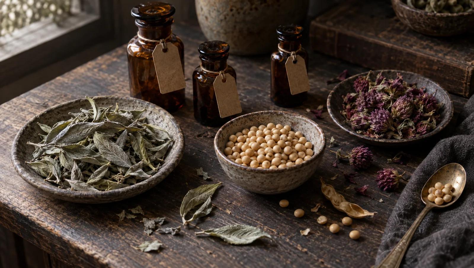 Amber apothecary bottles with blank kraft tags beside dried sage leaves, red clover blossoms and a small bowl of soybeans on a wooden table