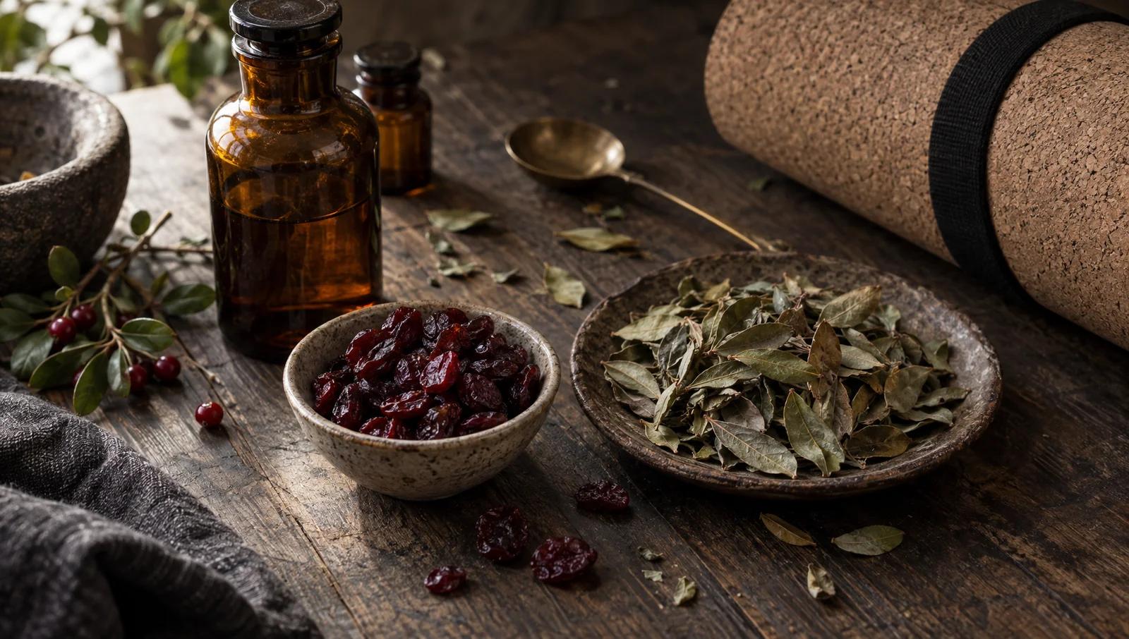 A small dish of dried cranberries and bearberry leaves beside an amber apothecary bottle and a folded yoga mat on a wooden table