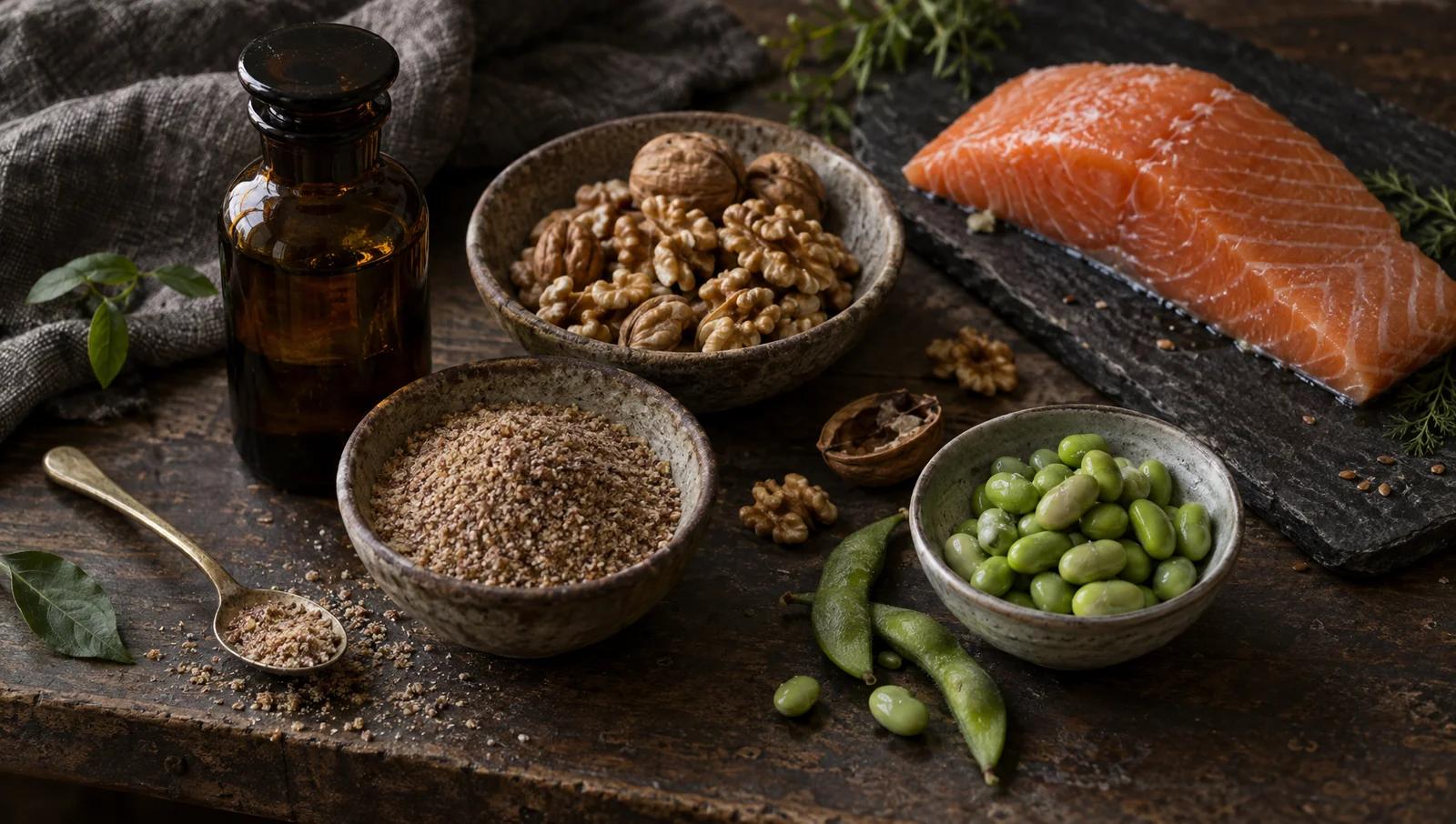 Ground flaxseed, walnuts, edamame beans and a fillet of salmon on a slate board beside an amber apothecary bottle