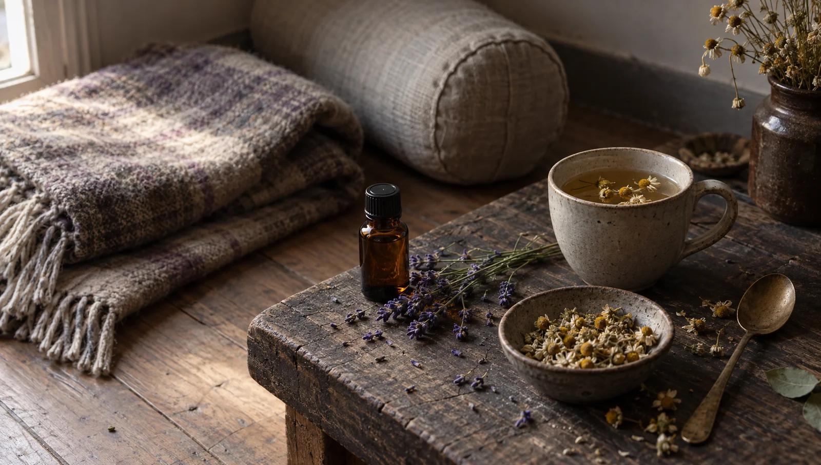 A folded wool blanket and a bolster by a window, with a cup of herbal tea, dried chamomile and a small bottle of lavender oil
