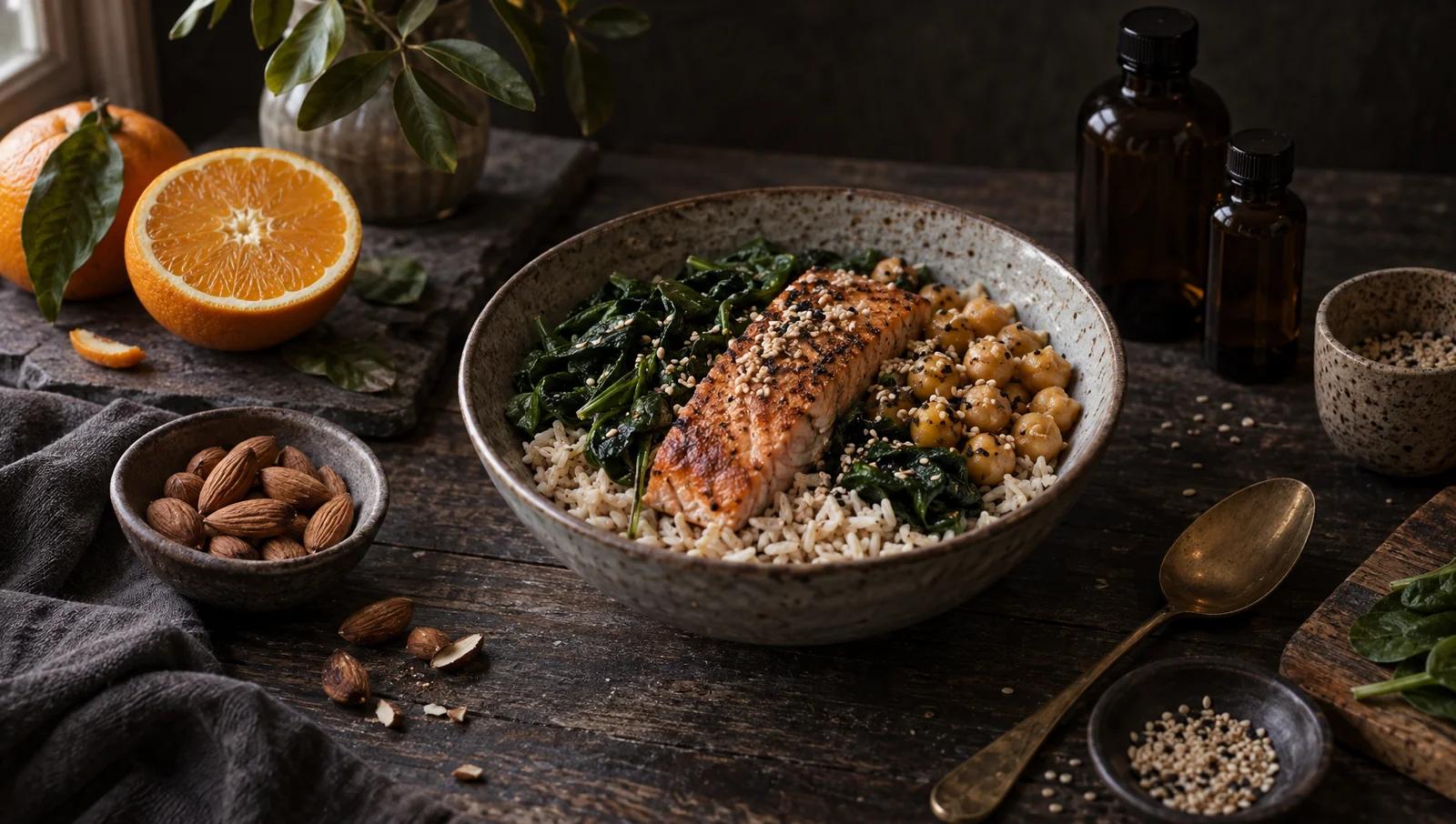 A bowl of brown rice with salmon, spinach, chickpeas and sesame seeds, next to a small dish of almonds and a halved orange
