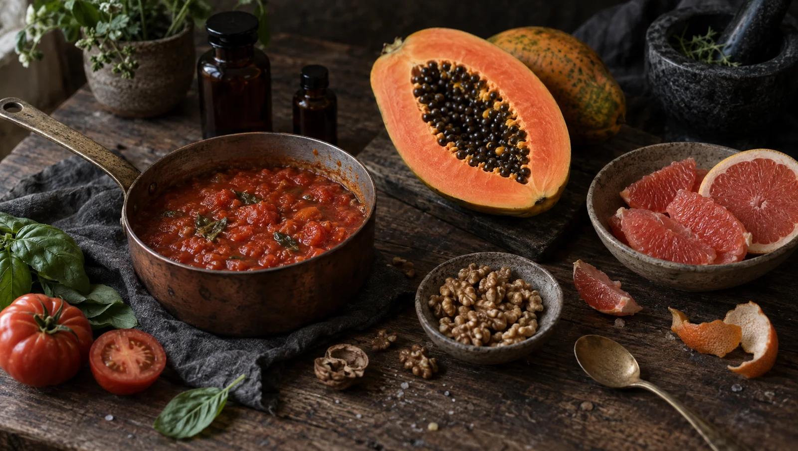 A pan of slow-cooked tomato sauce beside halved papaya, pink grapefruit segments and a small dish of walnuts