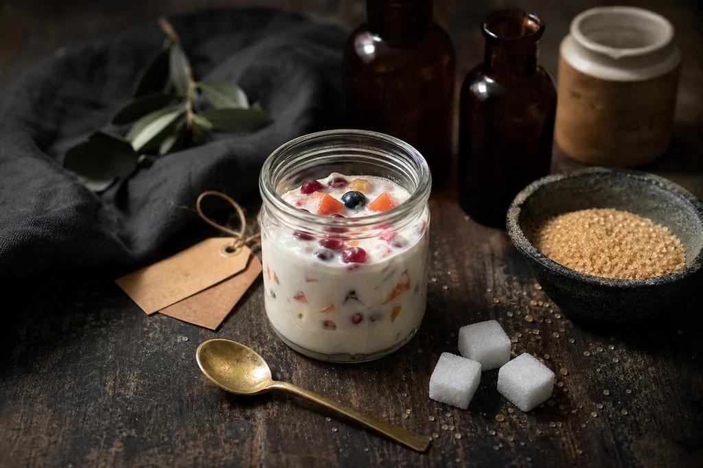 Sugar cubes and a small bowl of raw sugar beside a jar of fruit yoghurt on dark wood
