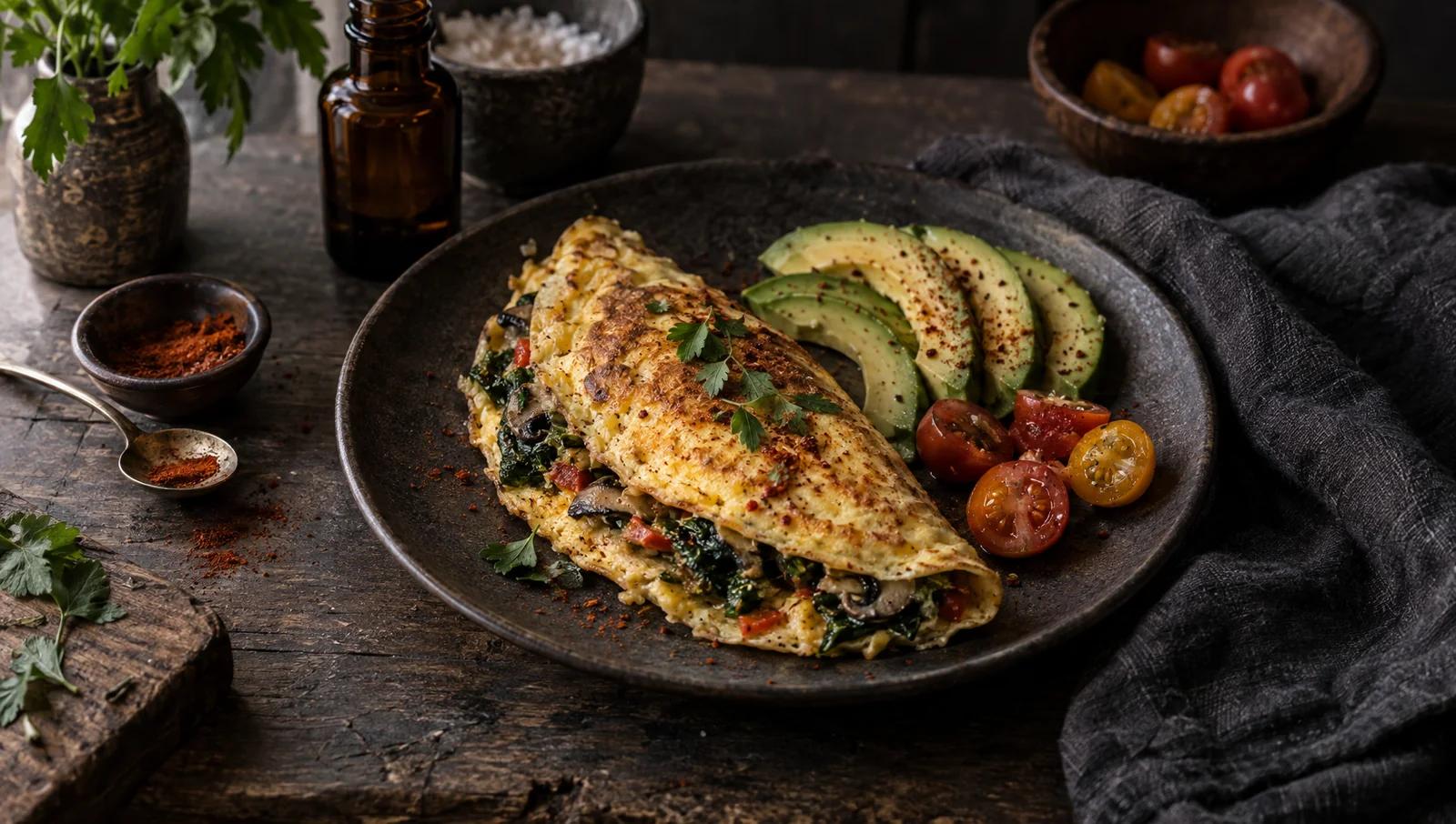 A folded vegetable omelette on a dark plate with sliced avocado, cherry tomatoes and a sprinkle of cayenne