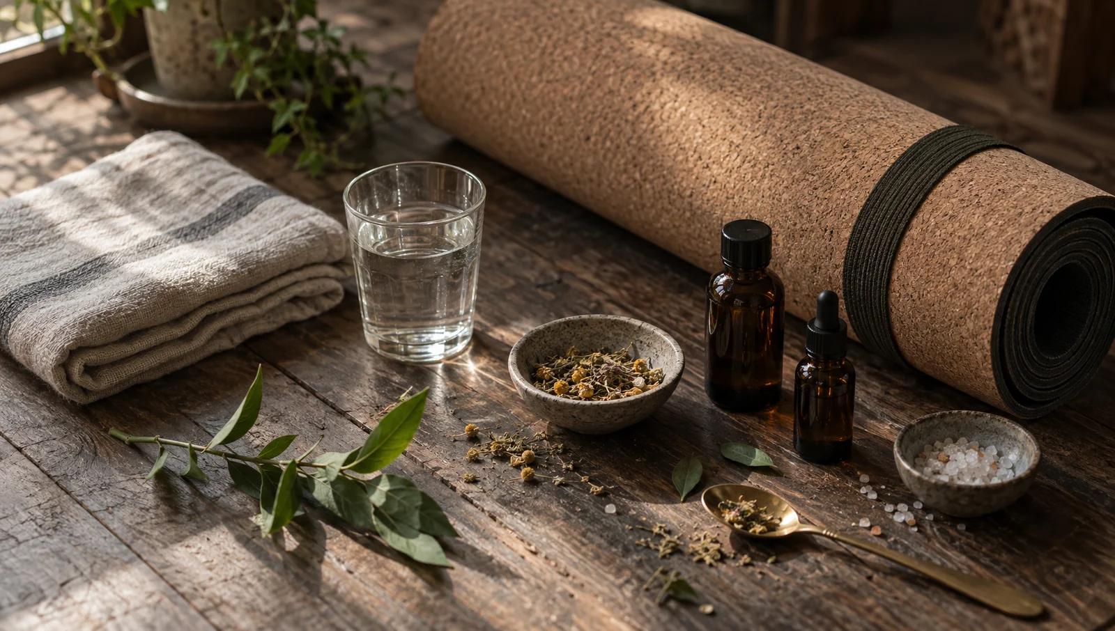 A rolled cork yoga mat, a folded linen towel and a glass of water on a rustic wooden table in soft window light
