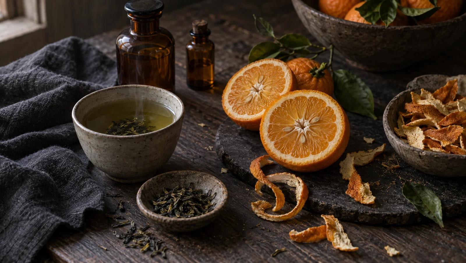 Halved Seville oranges and dried orange peel beside a cup of green tea and an amber apothecary bottle on dark slate