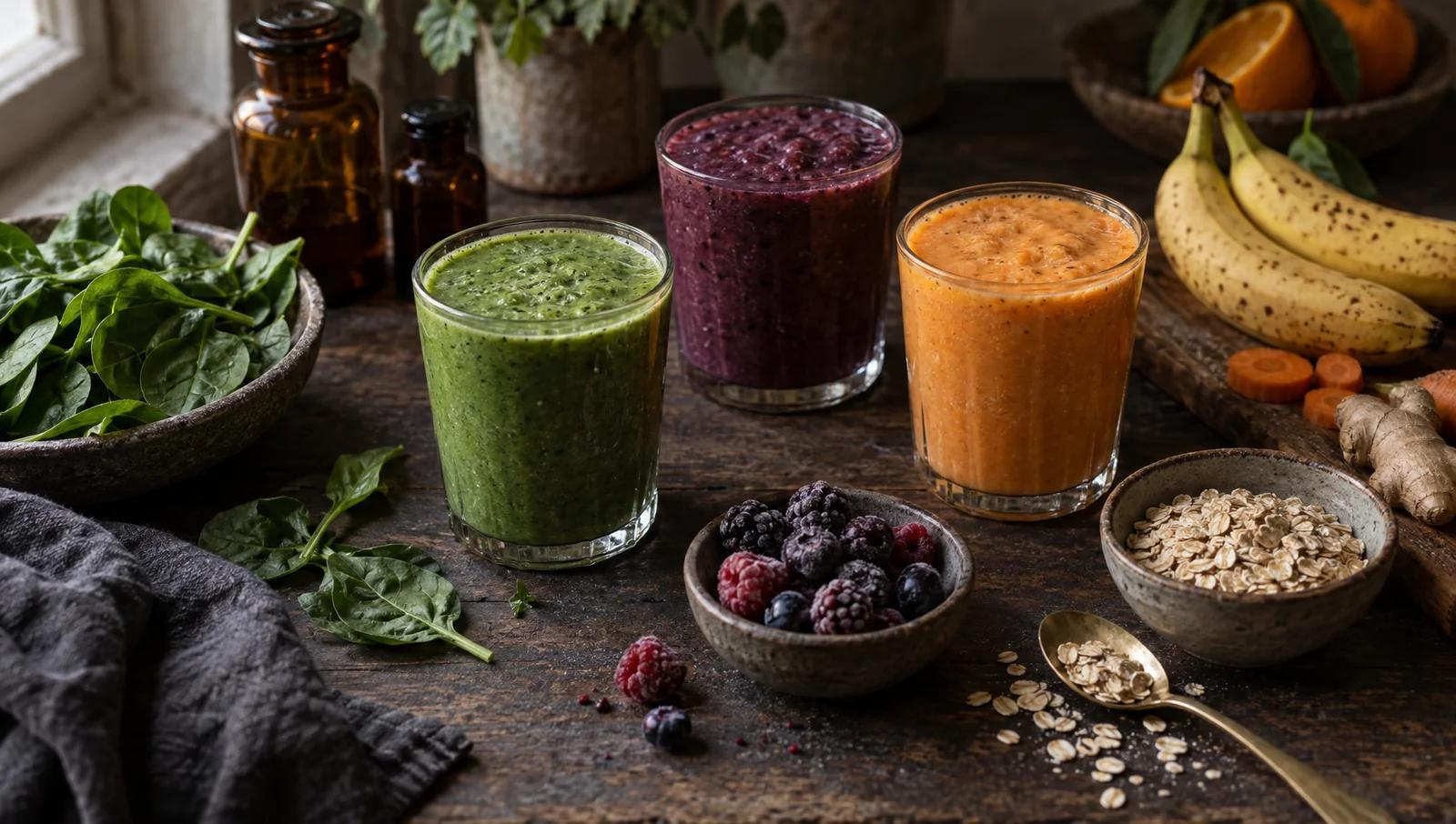Three glasses of green, berry and orange smoothies beside spinach, frozen berries, a banana and a small bowl of oats on a wooden table
