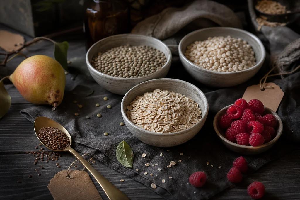 Bowls of lentils, oats, barley and raspberries with a spoon of flaxseed on a walnut table