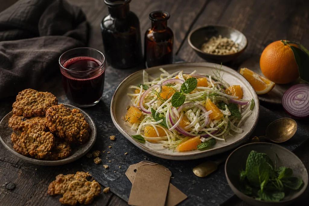 A fennel and orange salad with red onion and mint, beside oat and carrot cookies and a glass of beet juice