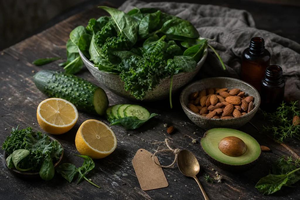 A bowl of kale and spinach with cucumber, halved lemons, avocado and almonds on dark wood