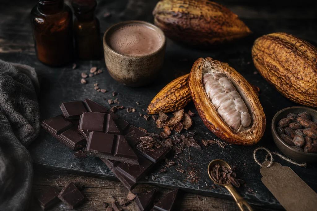 A broken bar of dark chocolate with cacao pods and a small cup of hot cocoa on a linen cloth
