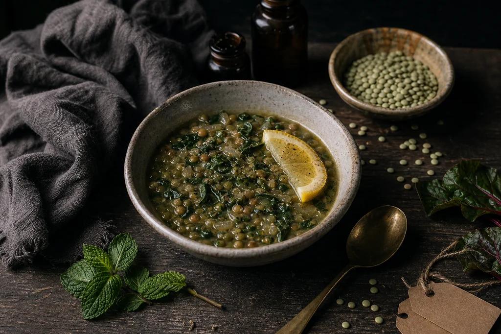 A bowl of green lentil soup with Swiss chard and lemon beside a small dish of dry lentils