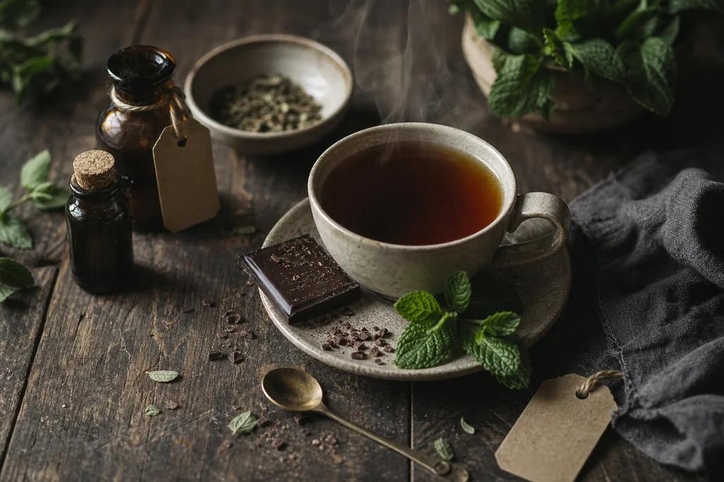 A steaming cup of tea on a saucer with a square of dark chocolate and a sprig of fresh mint