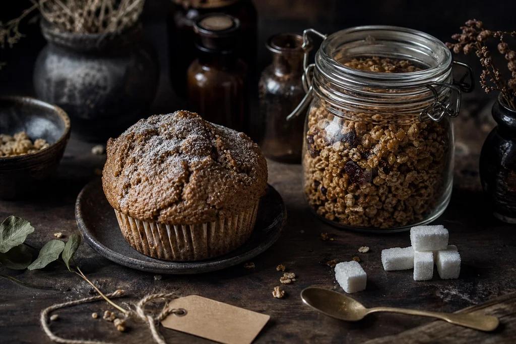 A large sugar-dusted bakery muffin beside a glass jar of granola and a few sugar cubes