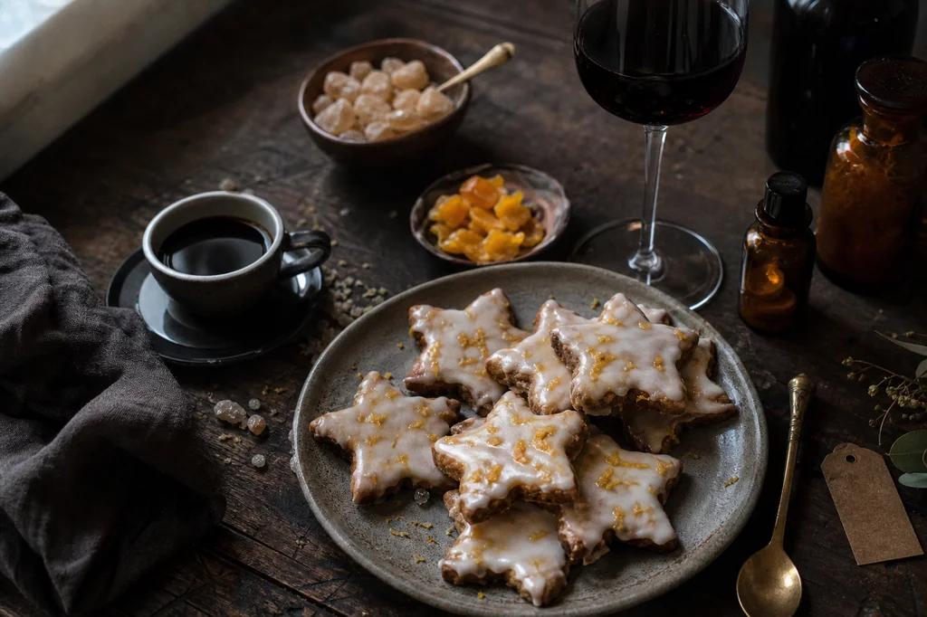 Glazed star-shaped holiday biscuits beside a glass of red wine and a cup of black coffee