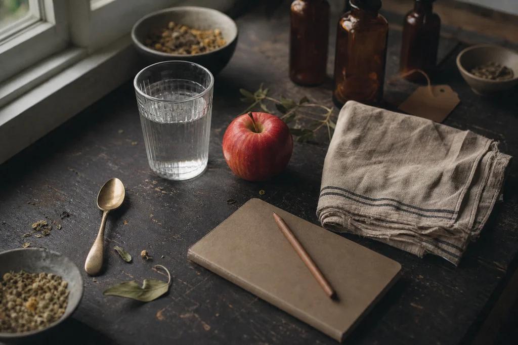 A glass of water, a red apple and a small notebook with a pencil on a table by a window