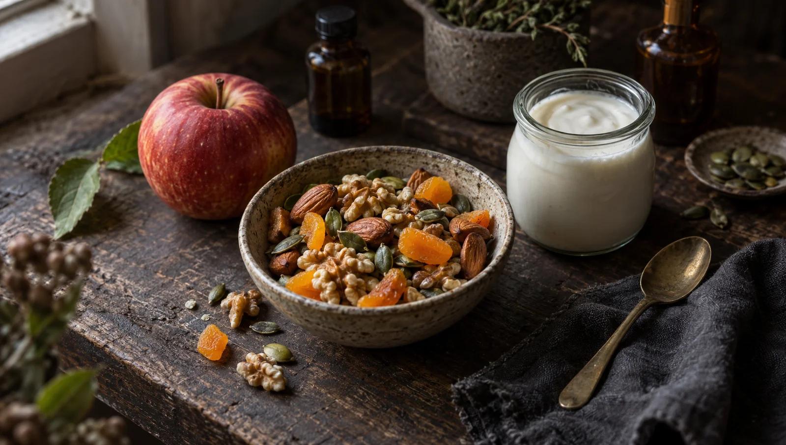 A small bowl of trail mix with walnuts, almonds, pumpkin seeds and dried apricots next to an apple and a jar of yoghurt