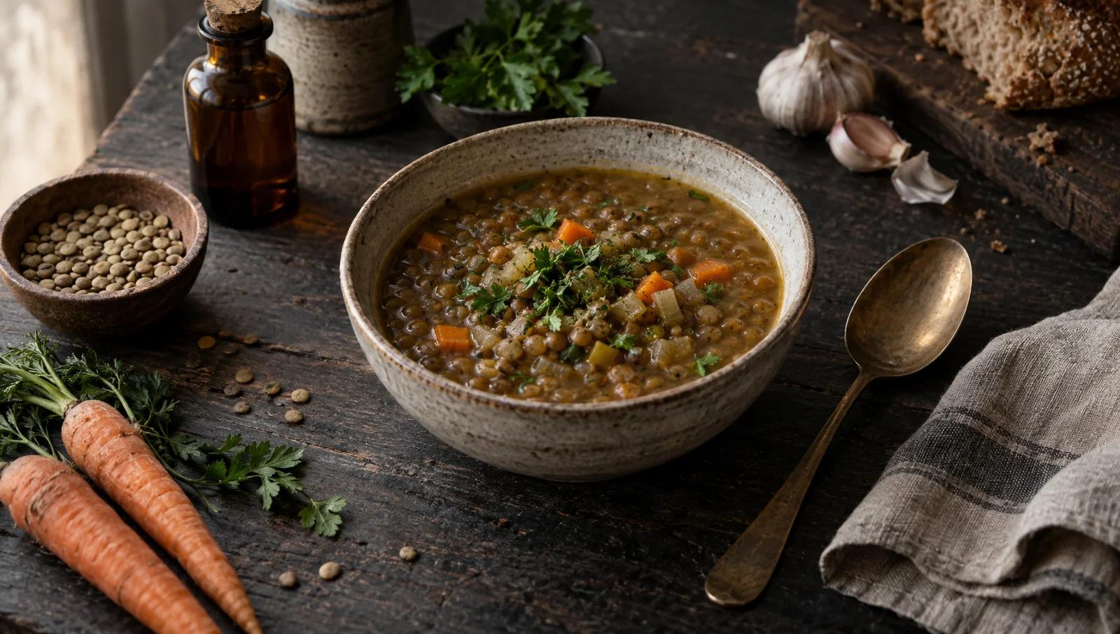 A simple bowl of lentil soup with a spoon and a folded linen napkin on a wooden table, lit by a window