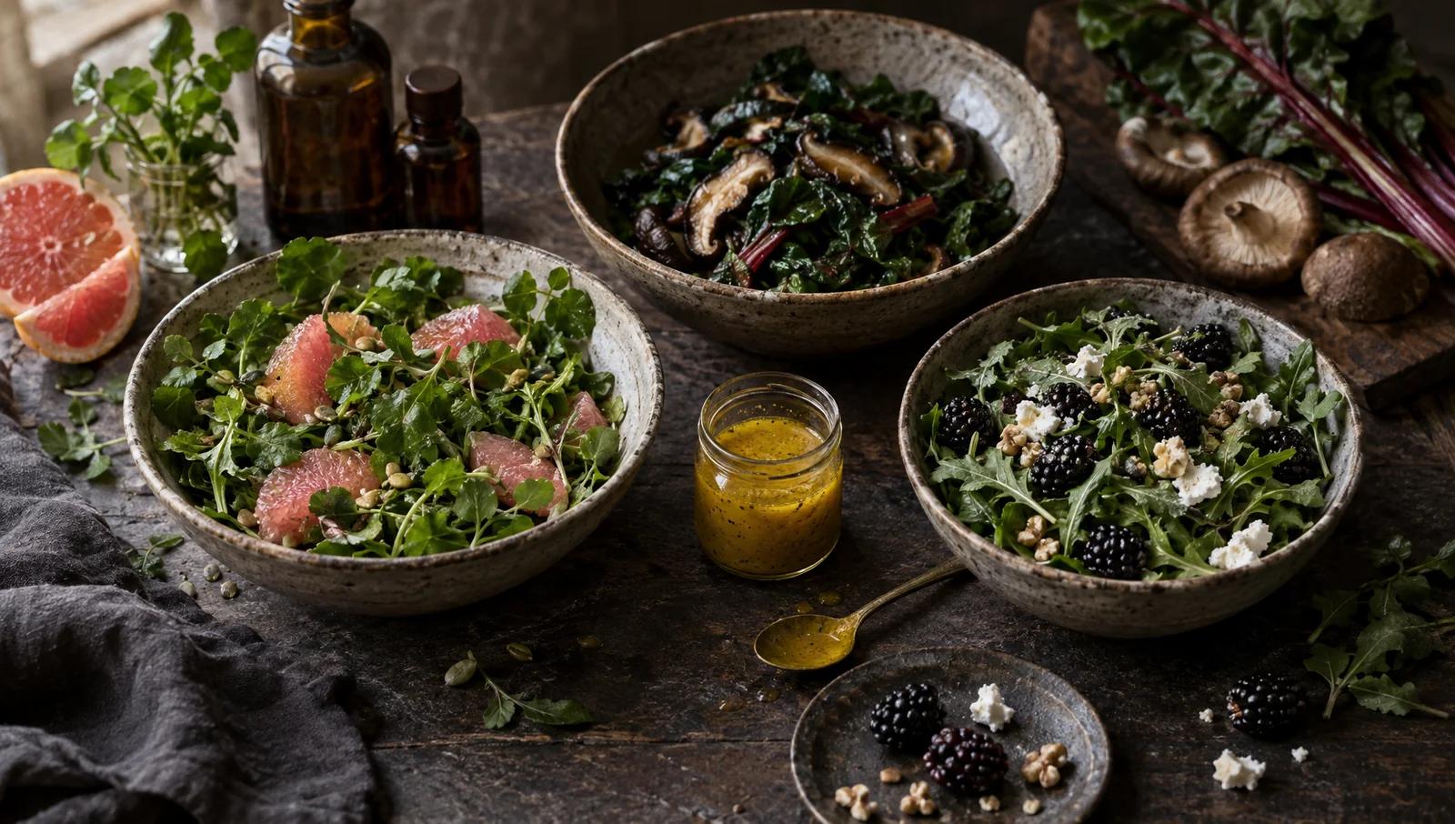 Three salad bowls of watercress with grapefruit, warm chard with mushrooms, and arugula with blackberries and goat cheese